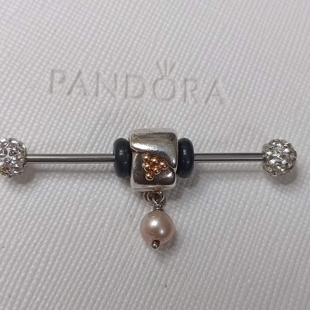 PandorSilver14k Pink Pearl GrapeCluster Two Tone Dangle Charm/Pendant